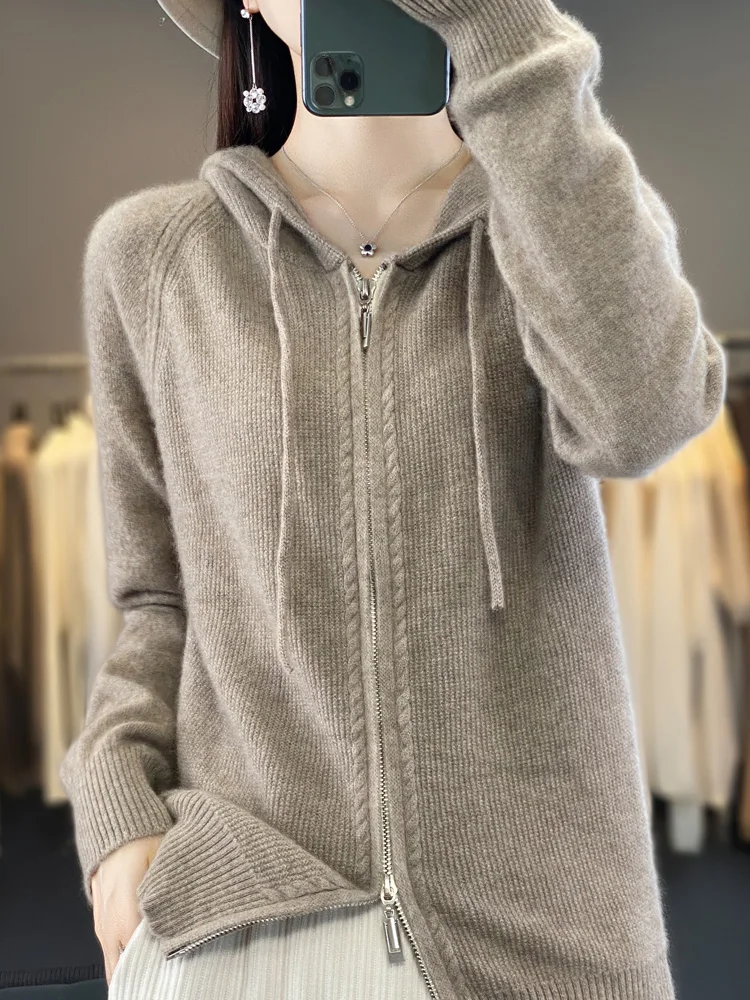 Wiosenno-jesienny kardigan z kapturem, dwurzędowy zamek błyskawiczny, jednolity kolor, 100% wełna merino, damski sweter dzianinowy, długi rękaw, wysokiej jakości topy.