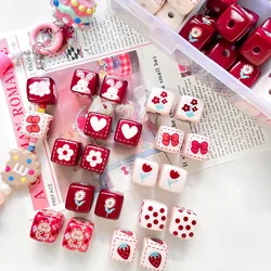 Wholesale 50pcs/lot 14mm color flowers pattern print geometry square shape resin beads diy jewelry accessory