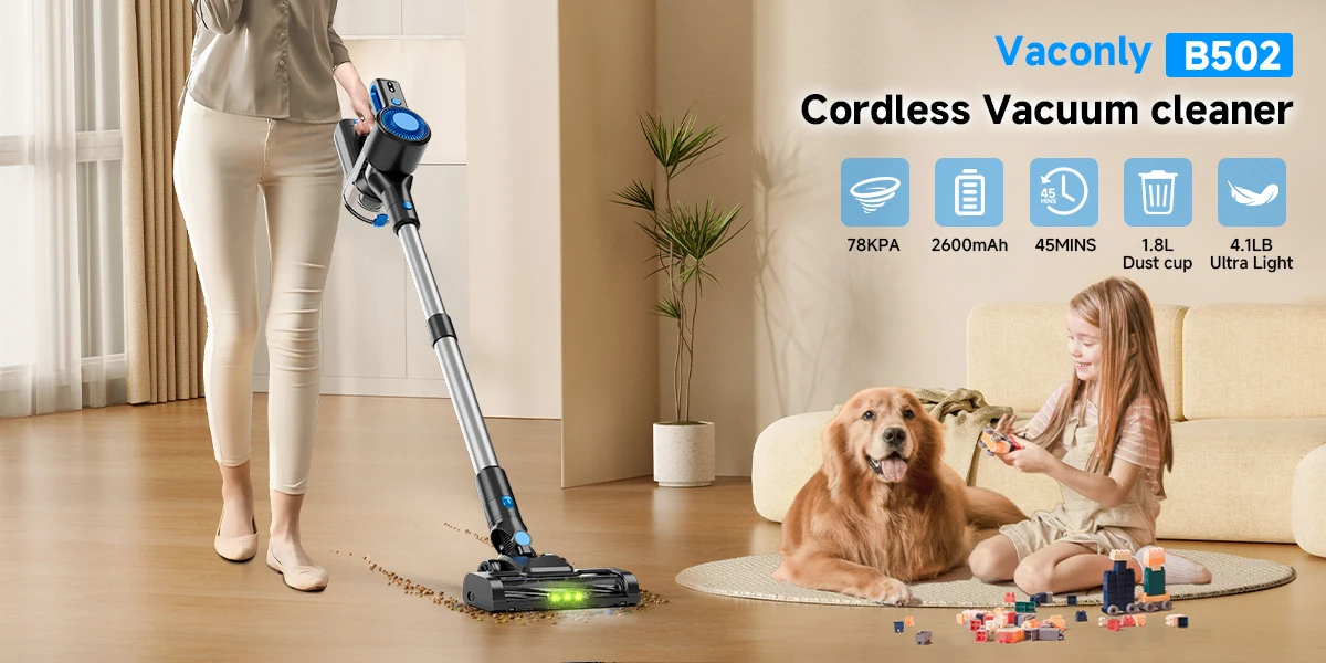 Honki 78KPa Powerful Cordless Vacuum Cleaner LED Display 45Mins Self Standing Stick Vacuum 1.5L Large Dust Cup for Pet Hair Carpet Floor
