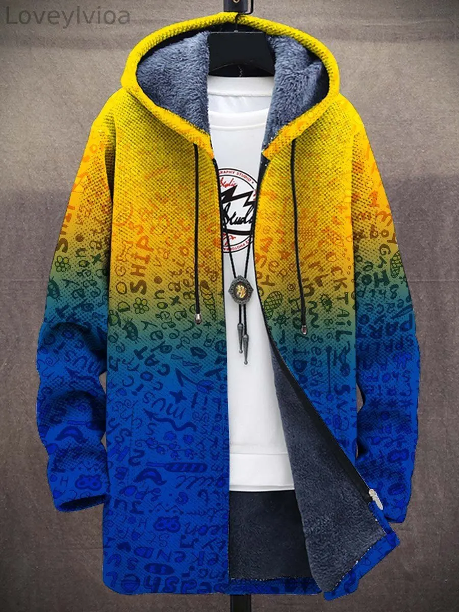 Unisex Art Gradient Plush Long-Sleeved Hoodie Fleece Lined Zipper Cardigan Thick Sweater Coat