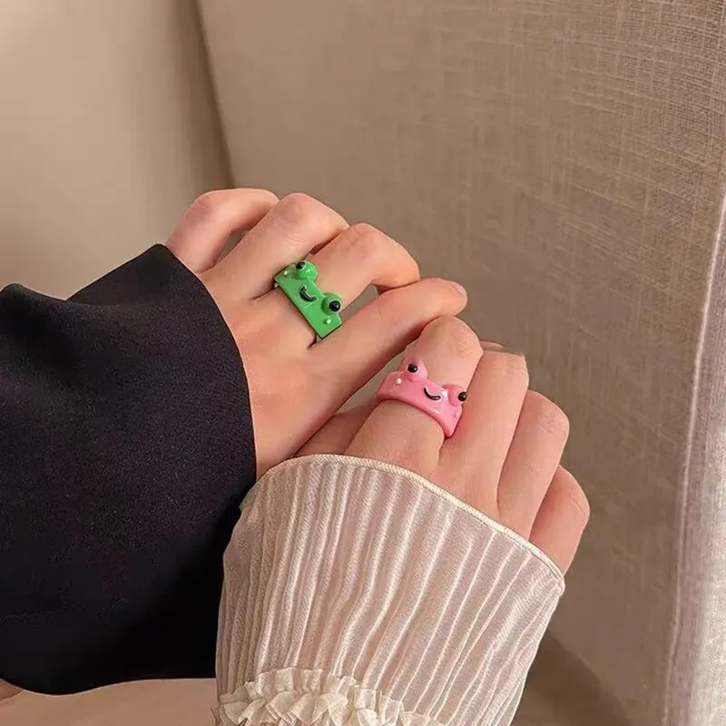 Cartoon Green Pink Frog Rings Display Boxes Cute Acrylic Animal Rings Summer Finger Jewelry Gifts For Couple Best Friends