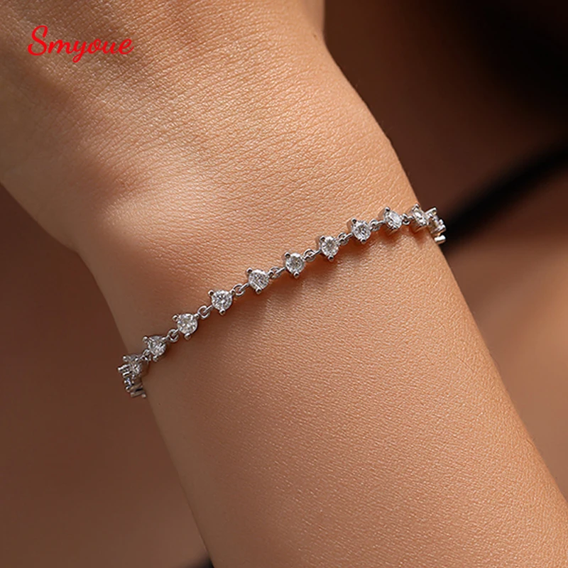 Smyoue 3mm Excellent Cut 3 Prongs All Moissanite Tennis Bracelets for Women Wedding Adjustable Chain 18k Plated 925 Silver Gifts