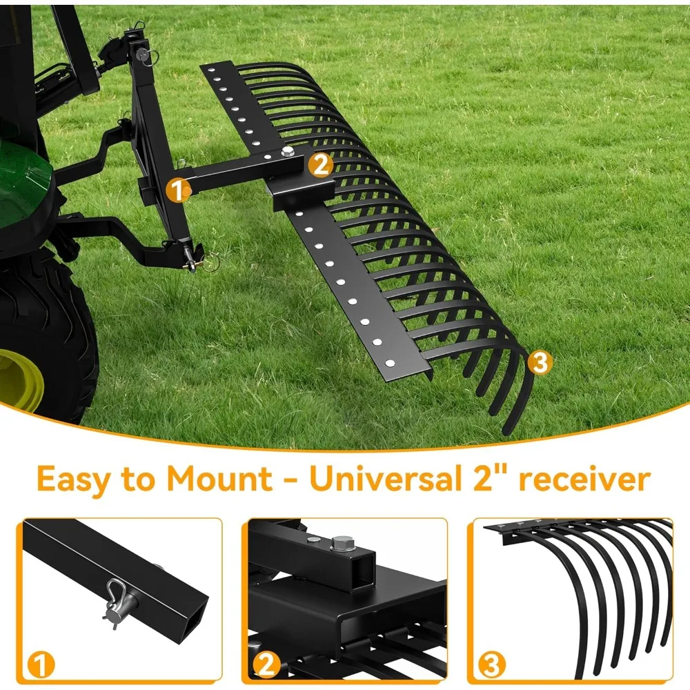 Rastrillo de remolque detrás del paisaje, rastrillo de Tractor de 60 pulgadas con 2 receptores para ATV UTV, 21 dientes de acero con resorte, rastrillo desacoplador de césped Atta