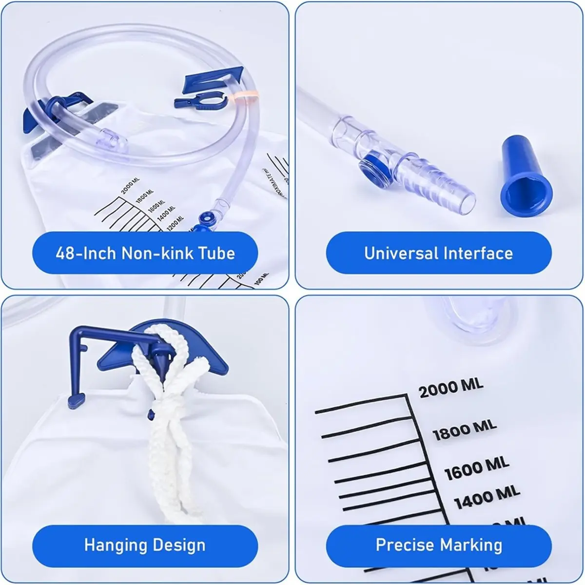 [NEW] Urine Drainage Bags - 3 PCS 2000ml Individually Wrapped Catheter Bags with Drainage Tube, Anti-Reflux Chamber