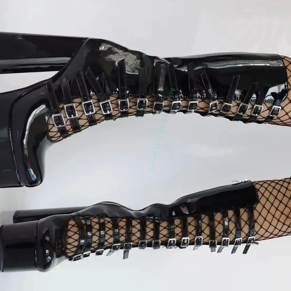 

Round Toe Platform Chunky Heels Boots Multi-Buckles Patent Leather Knee High Boots Lolita Punk Solid Zipper Fashion Shoes