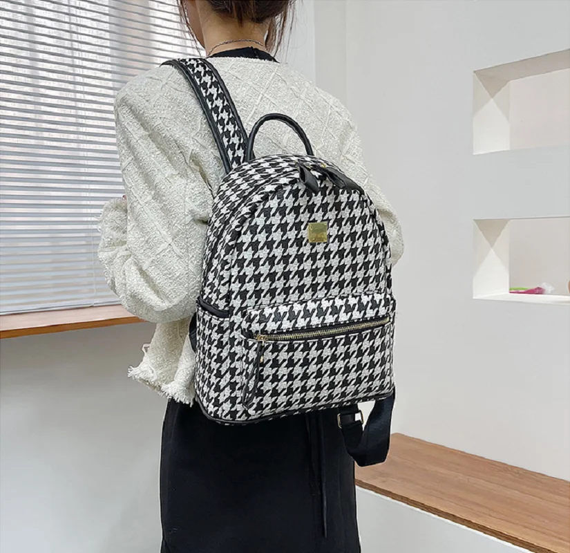 Women Fashion Luxury Houndstooth Large Capacity Travel Backpacks High Quality Leather Shoulder Bags School Bag Totes Bagpack