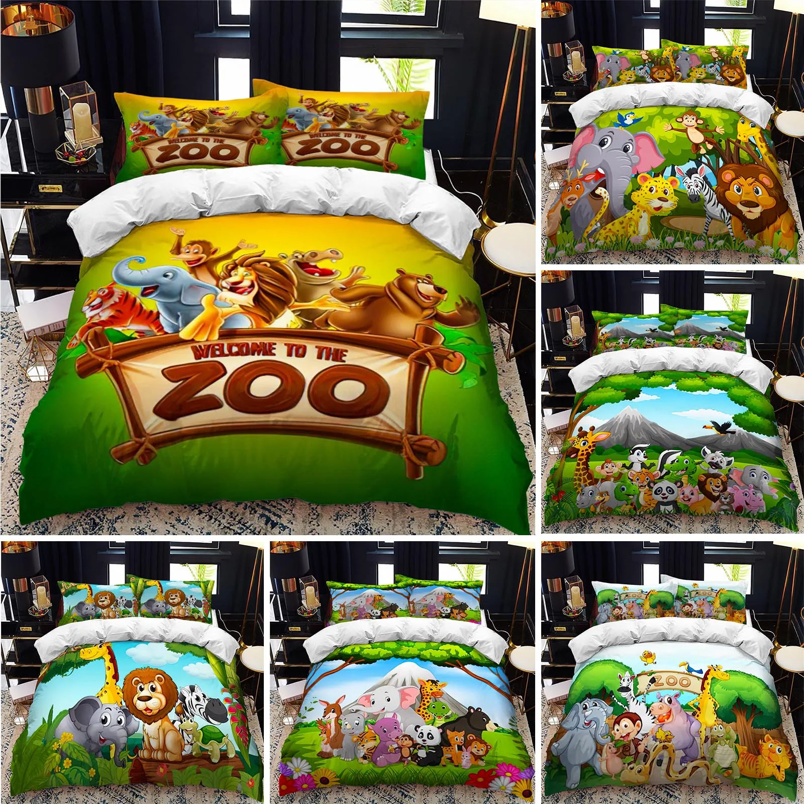 

3D Print Cartoon Zoo Animal Bedding Set Double Twin King Duvet Cover Comforter Pillowcase Boys Girls Adults Bedroom