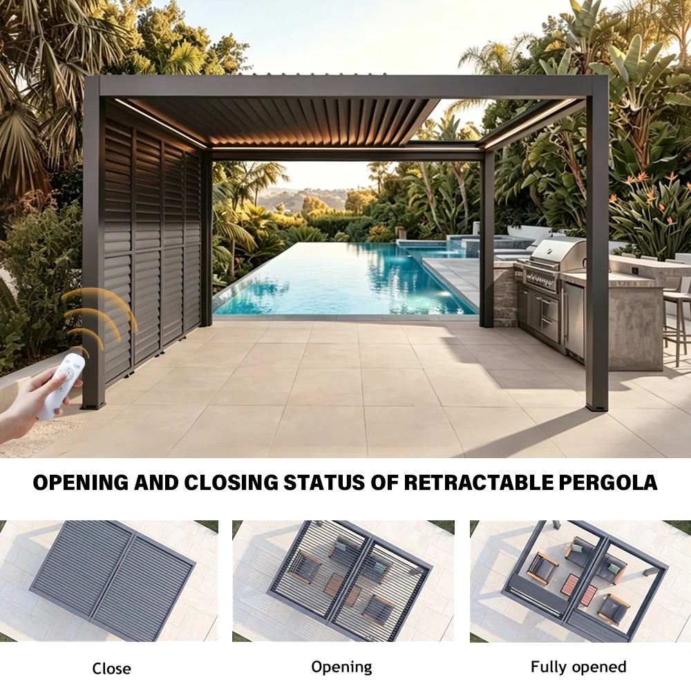 &Heavy Duty Aluminum Retractable Roof Pergola, Telescopic Louvered Canopy With Dual Tracks For Garden, Patio, And Villa Terrace