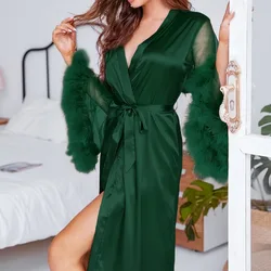 Summer Dressing Gown Women's Long Sleeve With Feather Ladies Satin Bathrobe Solid Kimono With Sashes Bath Robes For Female