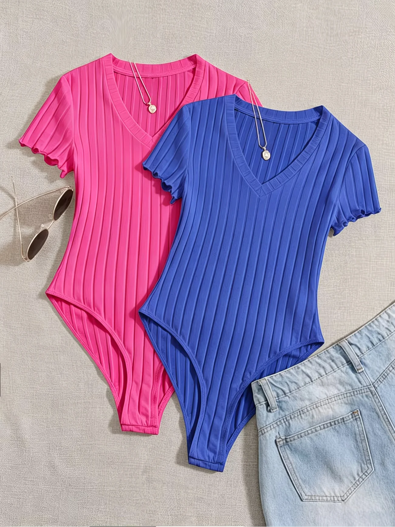 Multi-Occasion 2-Piece Pack Trendy Vibrant Bodysuit - Women's Versatile V-Neck Lettuce Trim Short Sleeve Leotard Set for Everyda