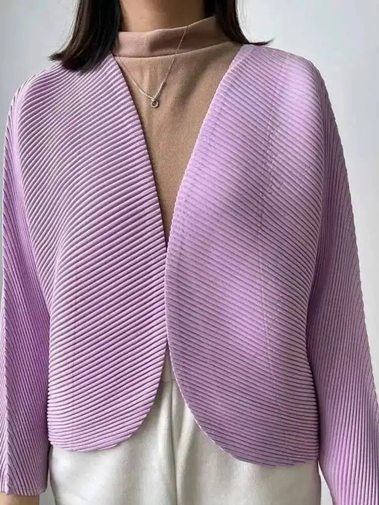 Pleated V Neck Jackets Women Casual Full Sleeve Open Stitch Outwear New 2026 Solid Color Fashion Female Clothing 17GXAHR