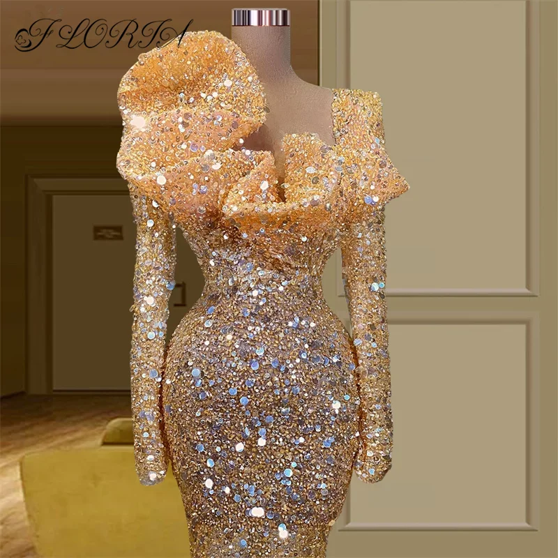 Vestidos de Noche con cuentas de lentejuelas brillantes, mangas completas, volantes, vestido de fiesta de celebridades para mujer, vestido Formal para graduación, Vestidos de fiesta 2022