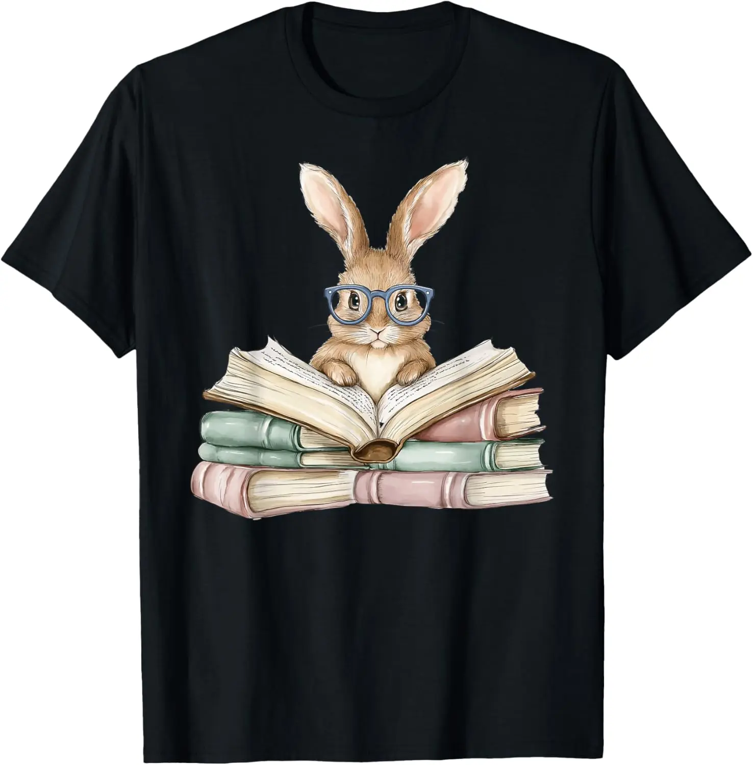 

Reading Bunny With Glasses T-Shirt Bookworm Teacher Graphic Tee Casual Daily