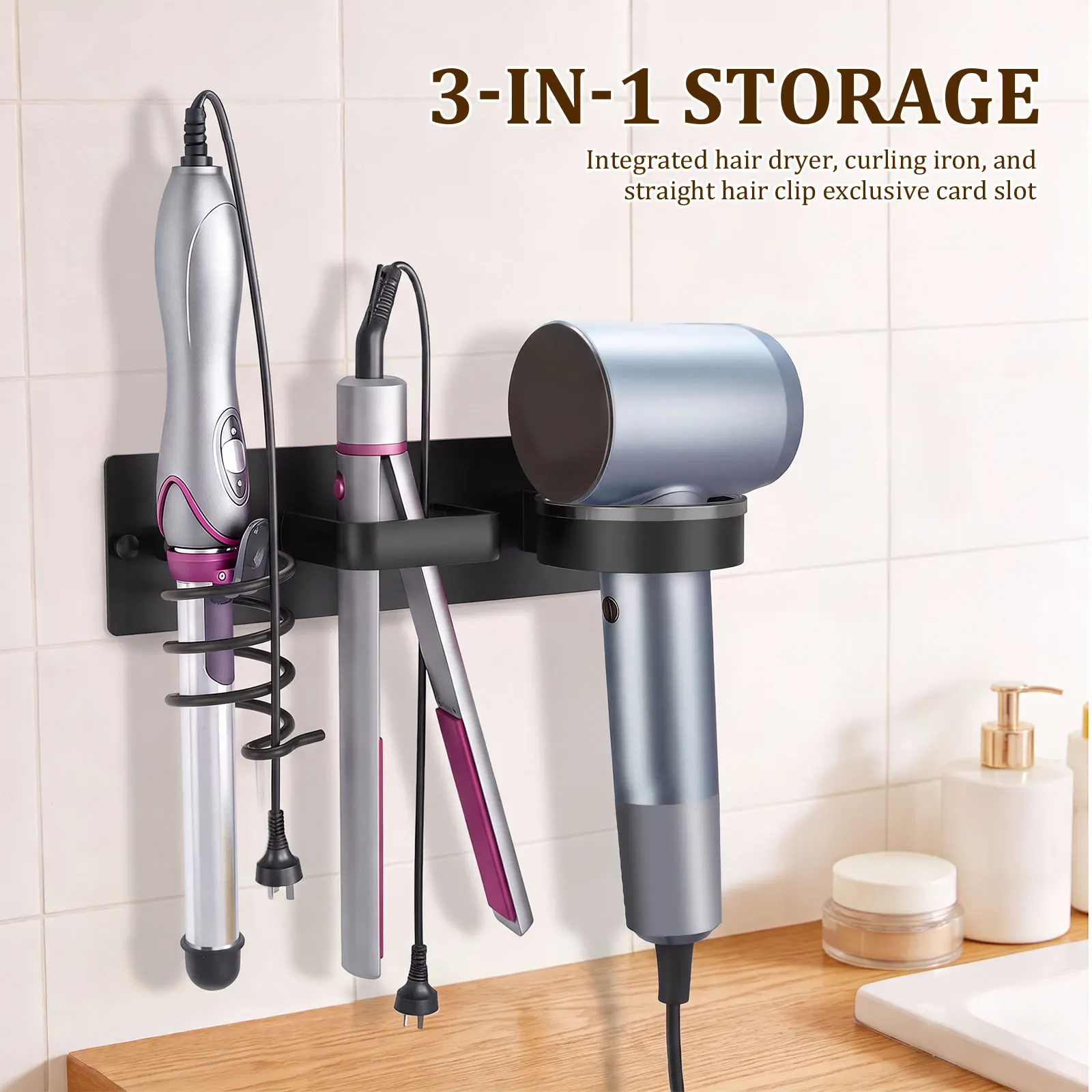 3 in 1 Hair Dryer Holder Metal Wall Mounted Hair Tool Organizer Universal Hair Dryer Curling Iron and Straightener Storage Rack