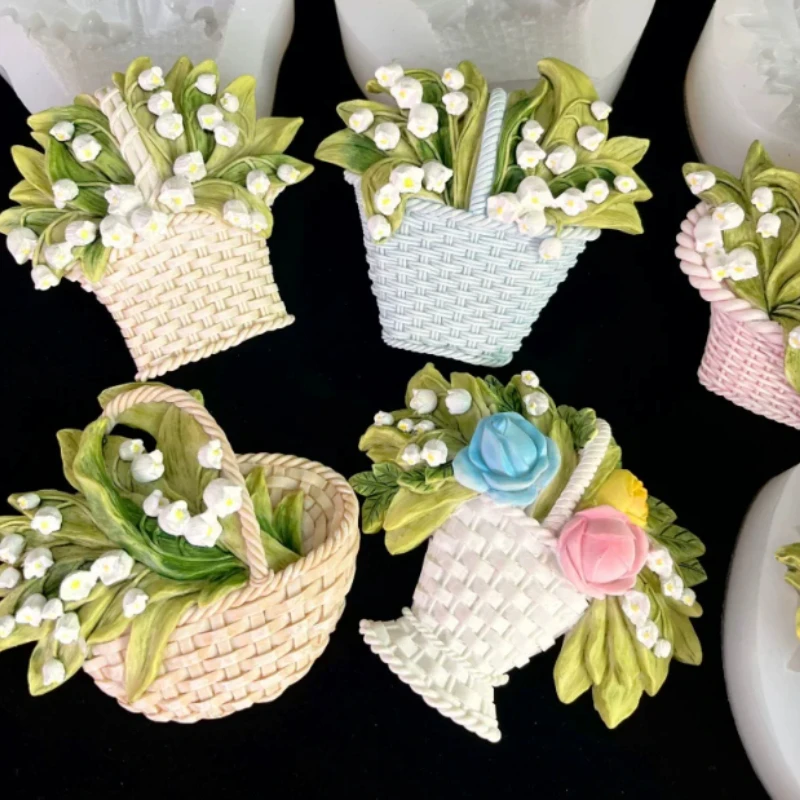 DIY Dipper Mold Flower Basket Lily of the Valley Rose Flower Refrigerator Magnet Plaster Creative Fondant Handmade Silicone Mold