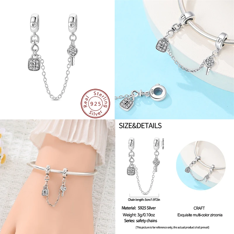 New 925 Sterling Silver Key Lock Safety Chain Pendant Beads, Suitable for Bracelets, Suitable for Women to Wear DIY Beads, Can B