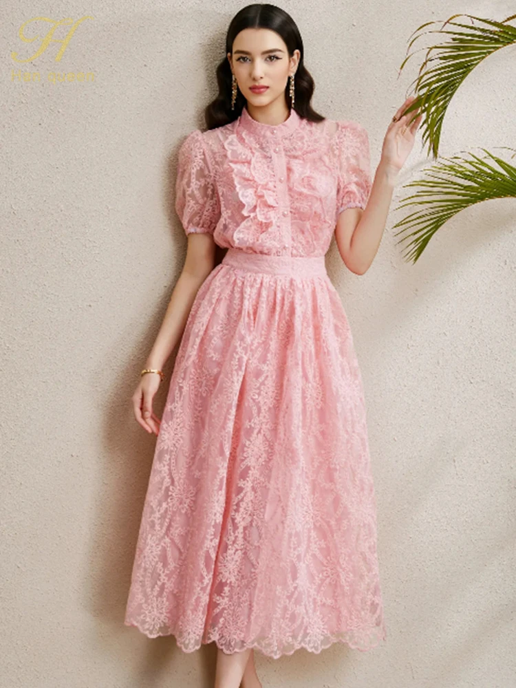 

H Han Queen Mesh Embroidery 2 Piece Sets Ruffled Lace Top +Fashion Hollow Out Skirt Casual Fashion Women Prom Suits Skirts