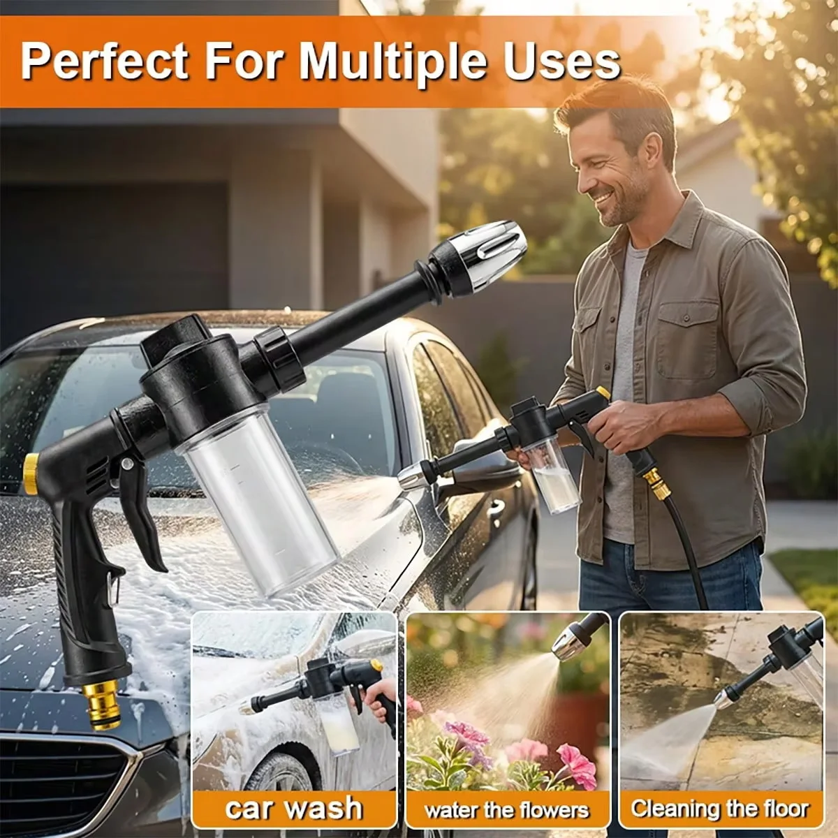 Portable Car Wash Foam Sprayer High Pressure Gun Retractable Hose Vehicle Garden Washing Tool