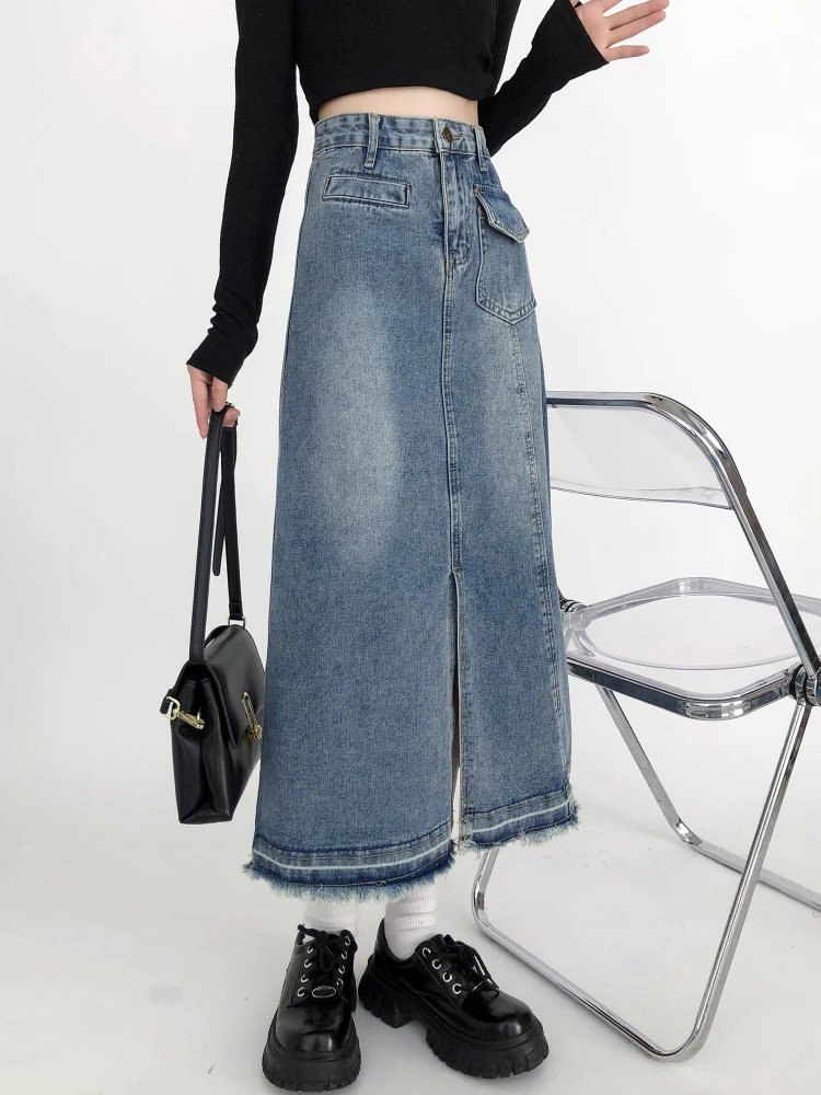 Skirts Women Leisure Pockets Denim Fashion Korean Style S-5XL Simple Solid Slit Autumn Student A-line Empire Clothes Midi Faldas