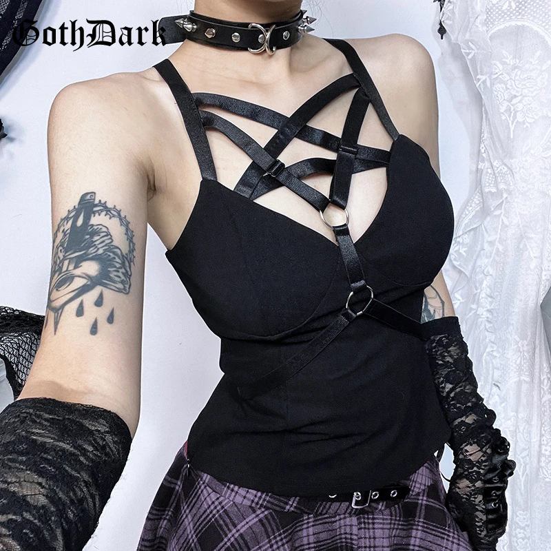

Goth Dark Gothic Aesthetics Black Slim Tank Top Women Punk Pentagram Backless Crop Vest Y2K Sexy Alt Tops Streetwear Basic Camis