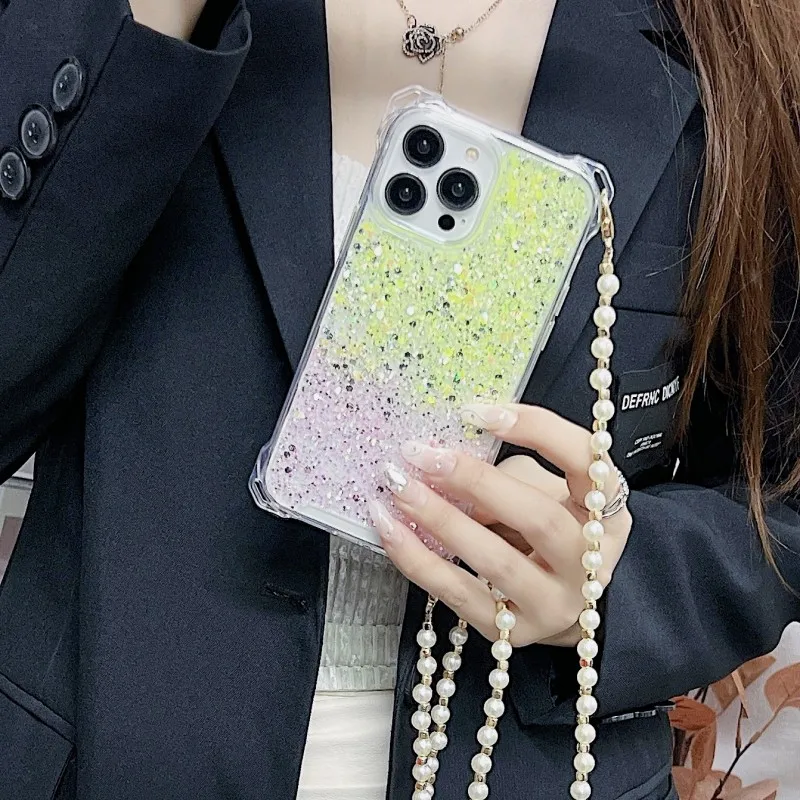 Glitter Pearl Strap Case For Samsung Galaxy A55 A54 A15 A34 A14 A53 S22 S24 S23 Ultra Four Corners Crossbody Long Lanyard Cover image 6