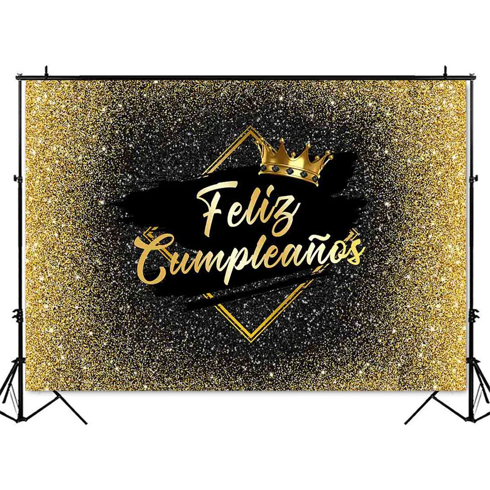 Feliz Cumpleaños Birthday Backdrop Gold Glitter Shining Dots Photo Booth Background Royal Crown Birthday Party Decoration Banner