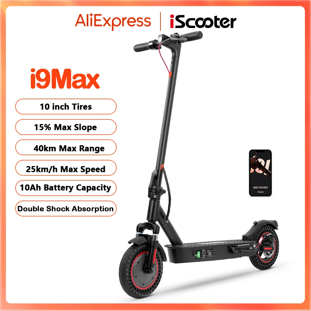Patinete eléctrico iScooter i9Max de 10 pulgadas, motor de 500W, doble amortiguación, para adultos, 35KM/H, 10Ah, neumático Honeycomb.