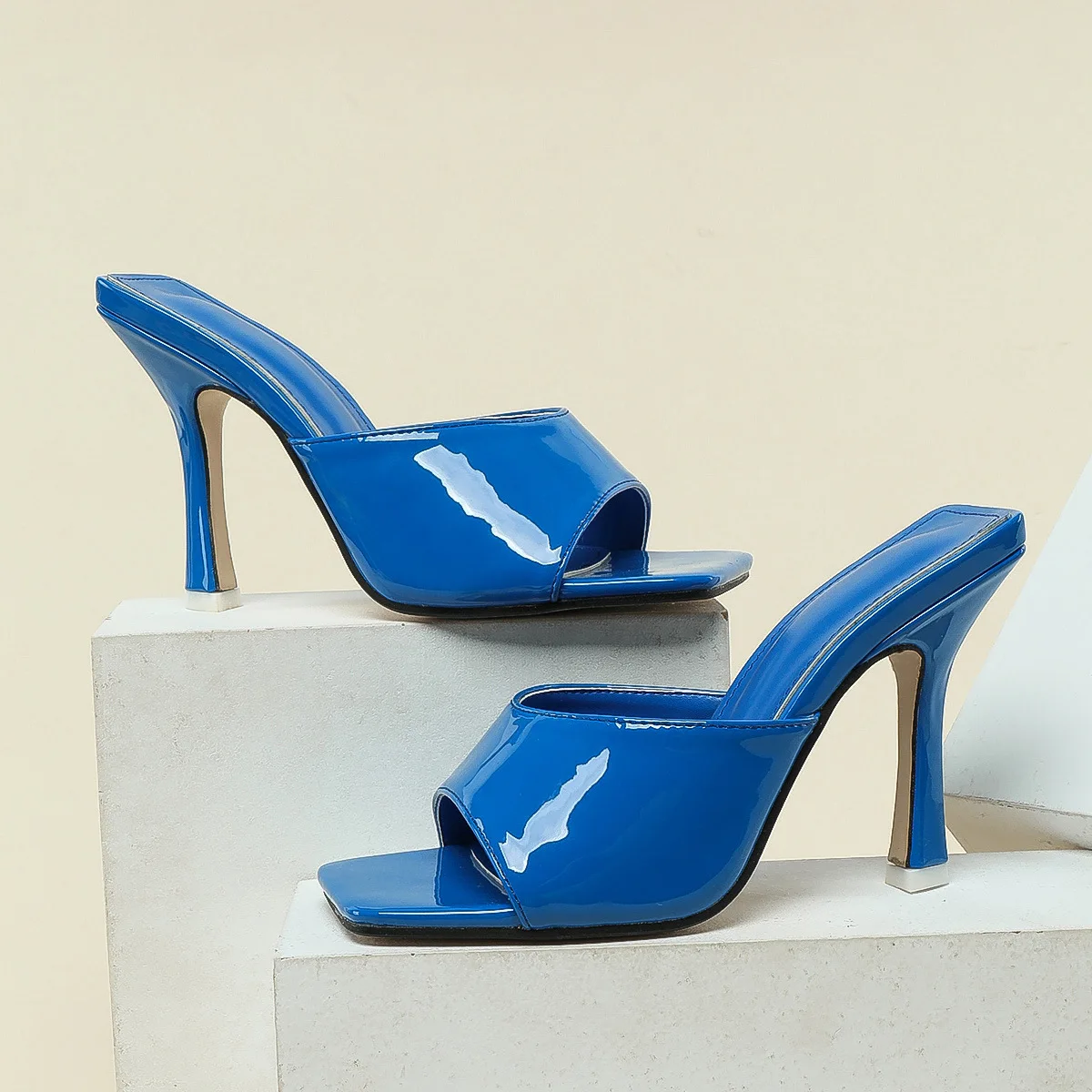 NEW Sexy PU Square Head Peep Toe High Heel Slippers Summer Fashion Slip on Thin Heels Slides Women Mules Party Black White