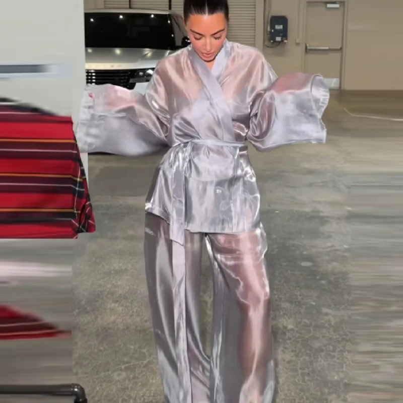 

Женский сексуальный светло-серый прозрачный комплект из двух предметов, свободный топ на шнуровке с длинными рукавами, повседневные удобные брюки, осень-зима 2025 г.