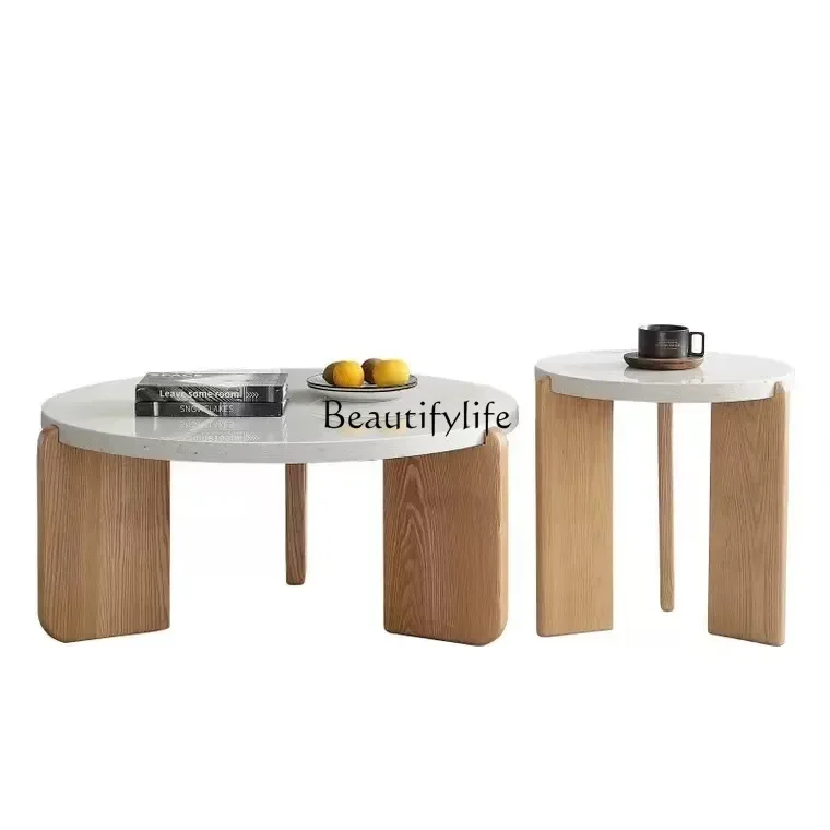

z.FG40Minimalist terrazzo coffee table round solid wood wabi-sabi wind Nordic modern living room