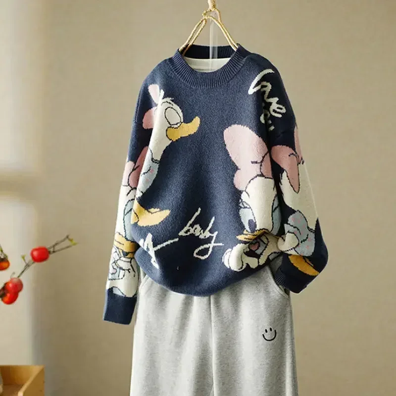 Disney Knitted Sweaters Japanese Daisy Cartoon Pullovers for Women Coat Female Autumn and Winter Loose Wild Thicken Kawaii Tops