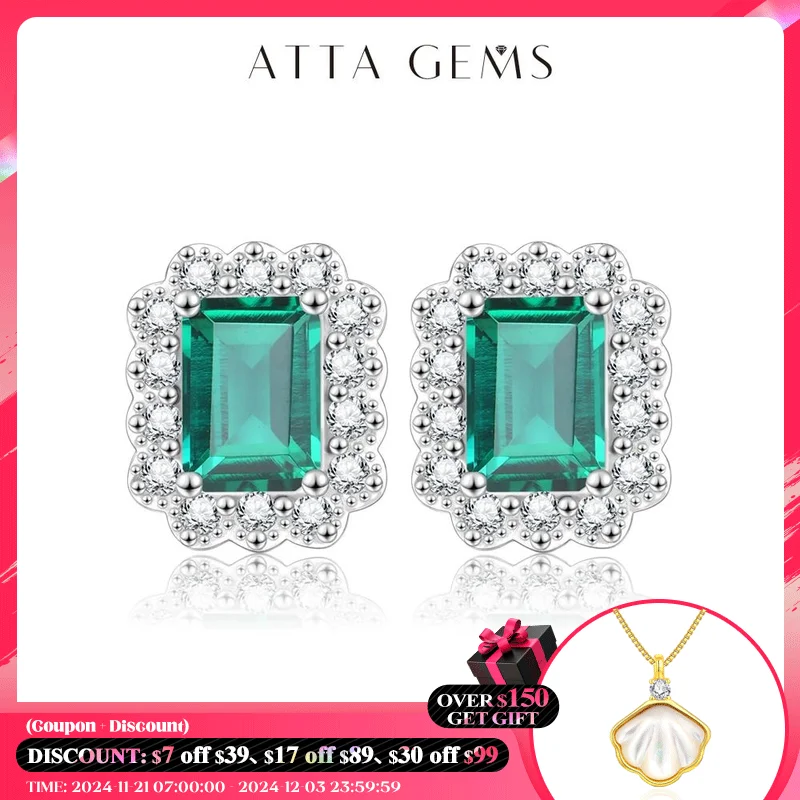 ATTAGEMS 100% 925 Sterling Silver rhodium plating Octagon Cut Emerald Zircon Diamonds Gemstone Stud Earrings Fine Jewelry