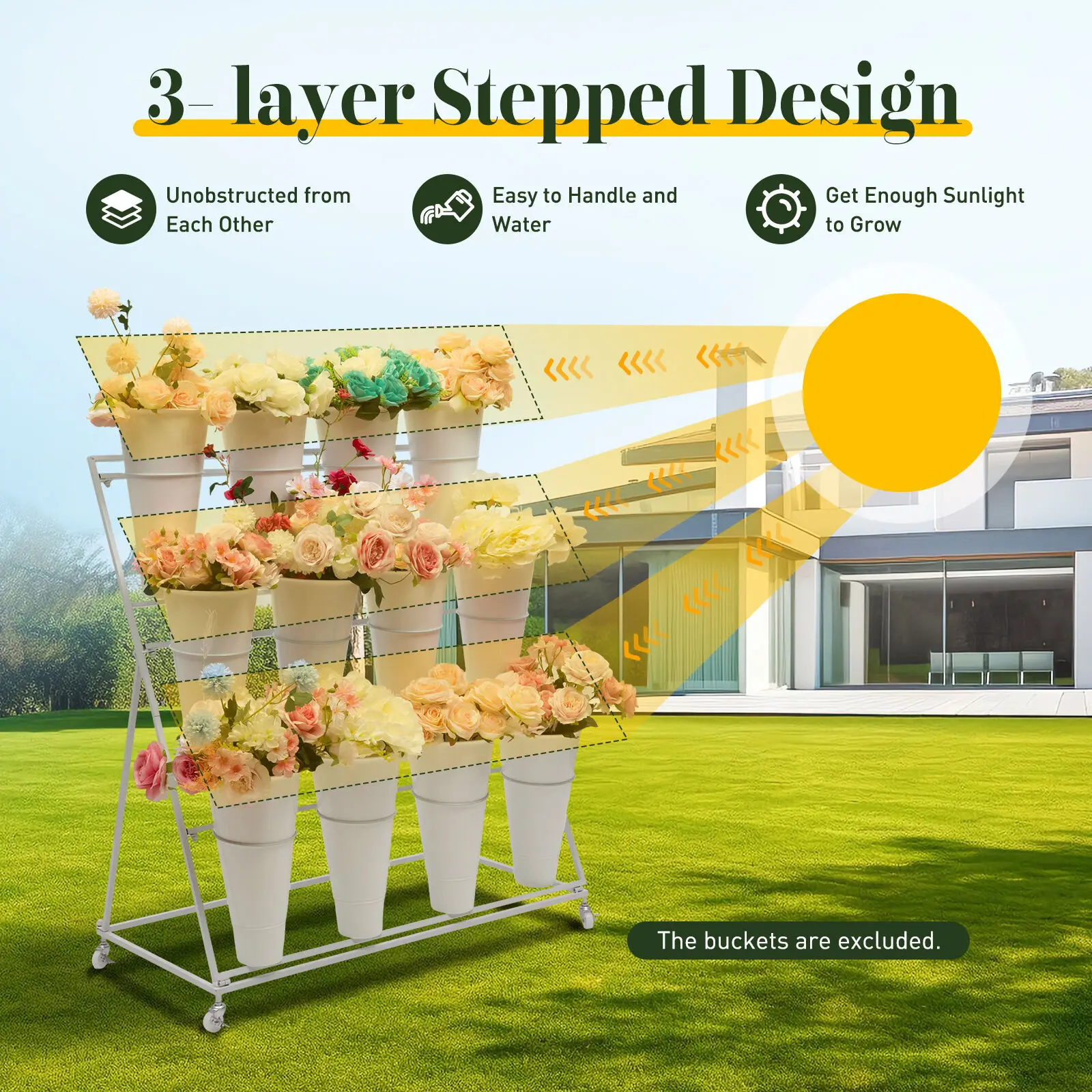 3 Layers Stand, Metal With 12PCS Buckets Movable Planting Holder Flower Display Stand Plant Cart Shelf For Indoor, Living Room