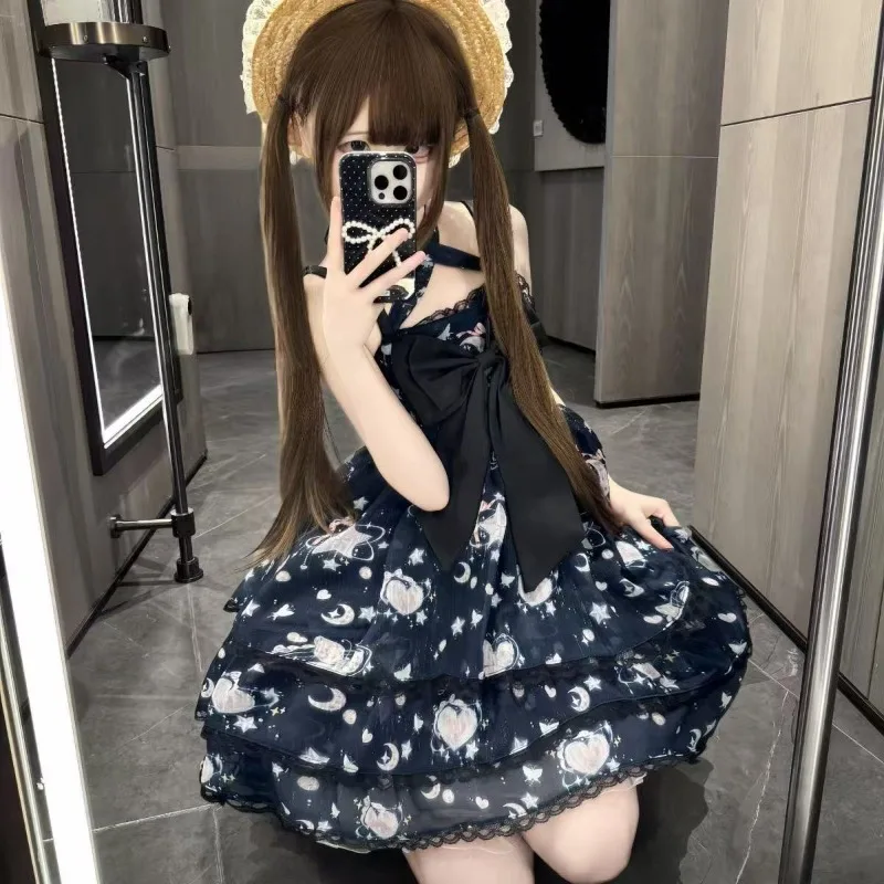 

Black Shell Foil Constellation Bow Dress Summer New Lace Patchwork Lolita Outfit Japanese Kawaii Sleeveless One Piece Dress 2025
