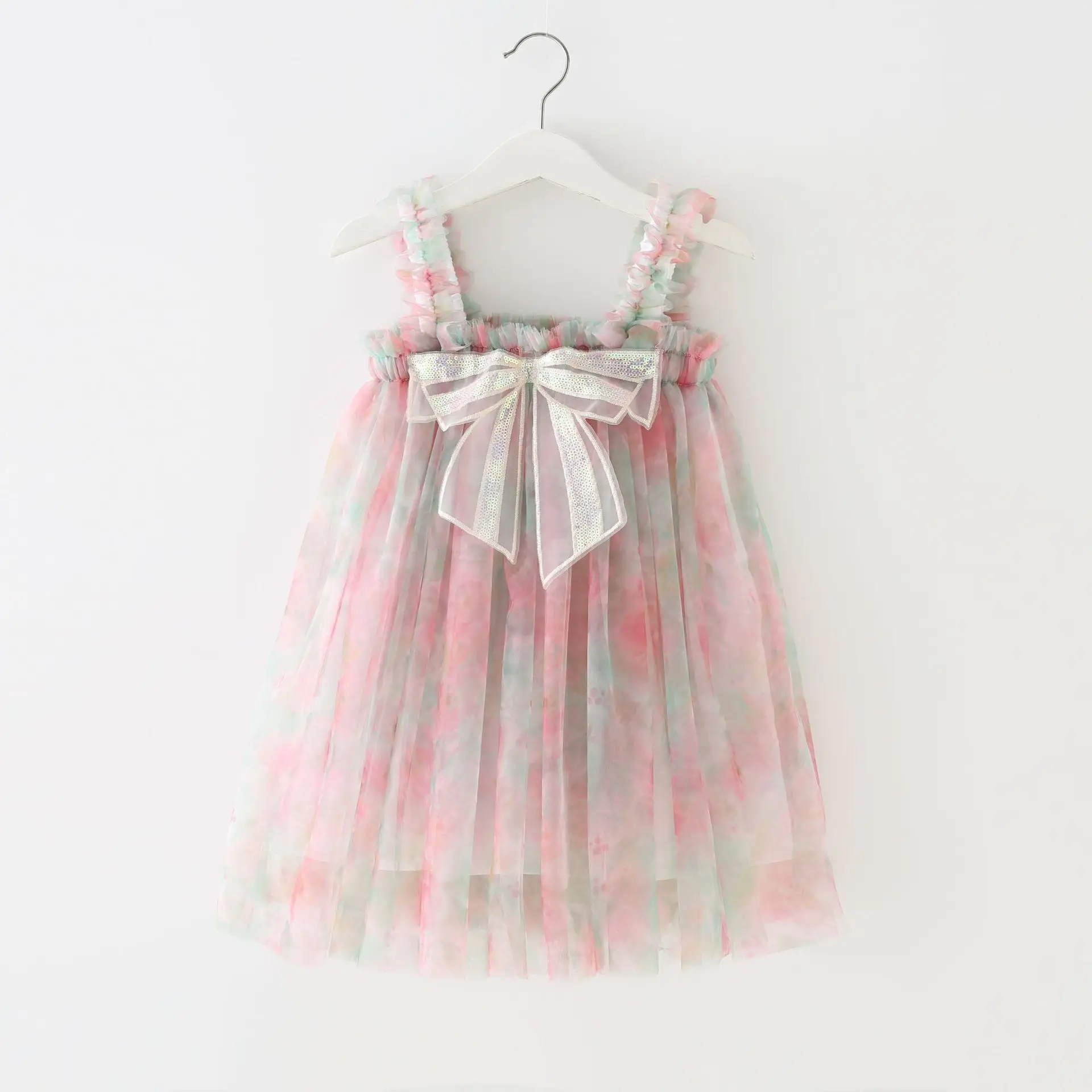 2024 Summer New Baby Girl Dress Mixed Color Three Dimensional Sequin Bow Accessories Baby Girl Clothes Princess Suspender Skirt