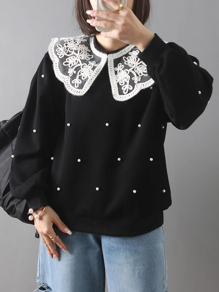 

Lace Lapel Collar Beaded Sweatshirts Women Long Sleeve Tops Loose Casual Thick Winter Autumn Pullovers Female 2024 New Hoodies