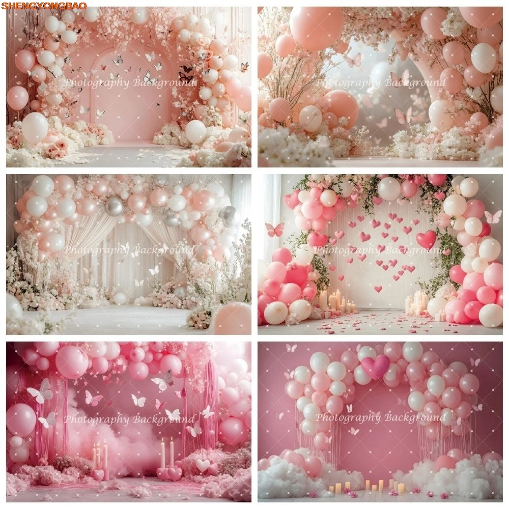 

Pink Baby Shower Photography Backdrop Flowers Balloons Newborn 1st Birthday Party Cake Smash Photo Background Photostudio Prop