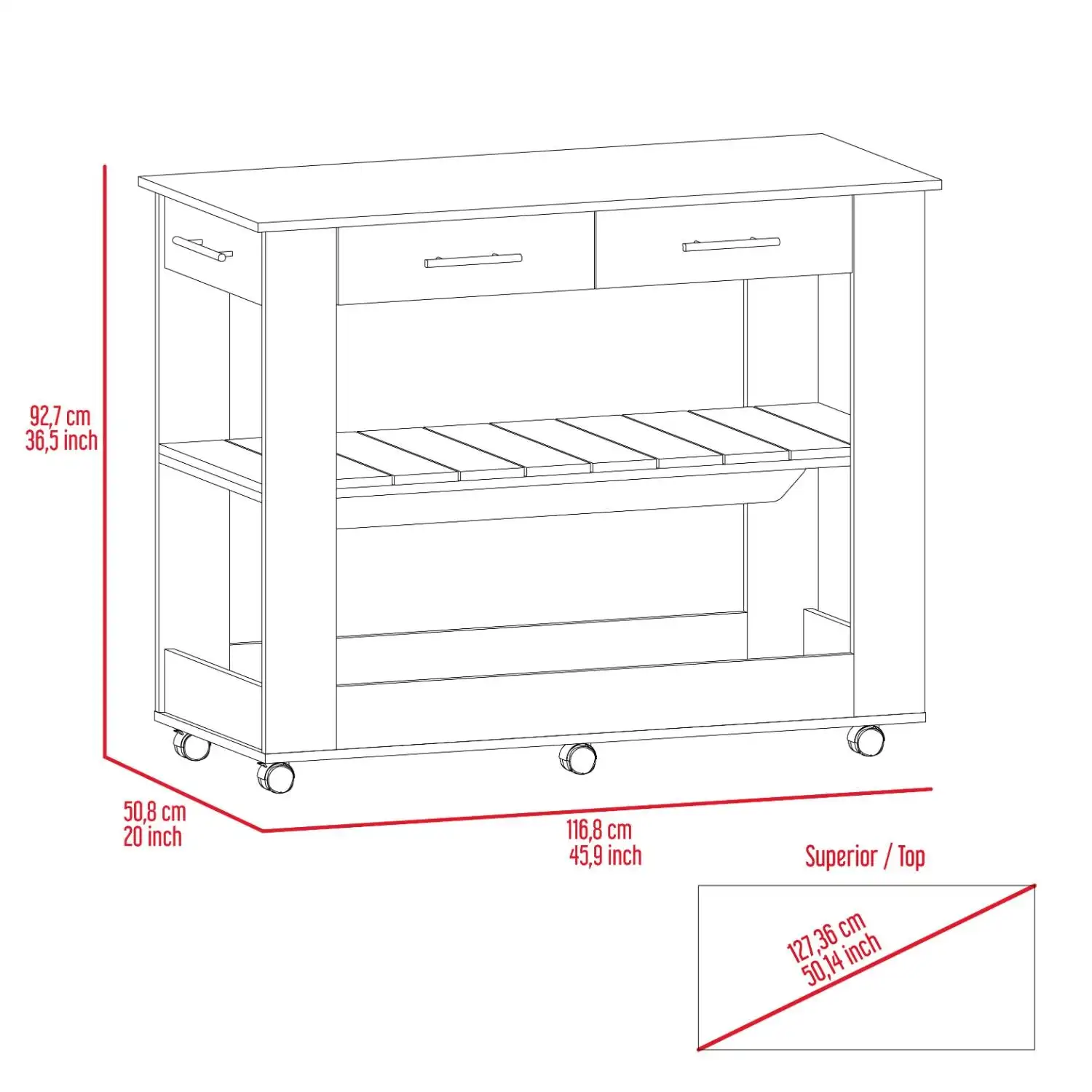 Cala Kitchen Island 46,  Six Casters, Two Drawers, Lower Open Shelf  Black / Light Oak