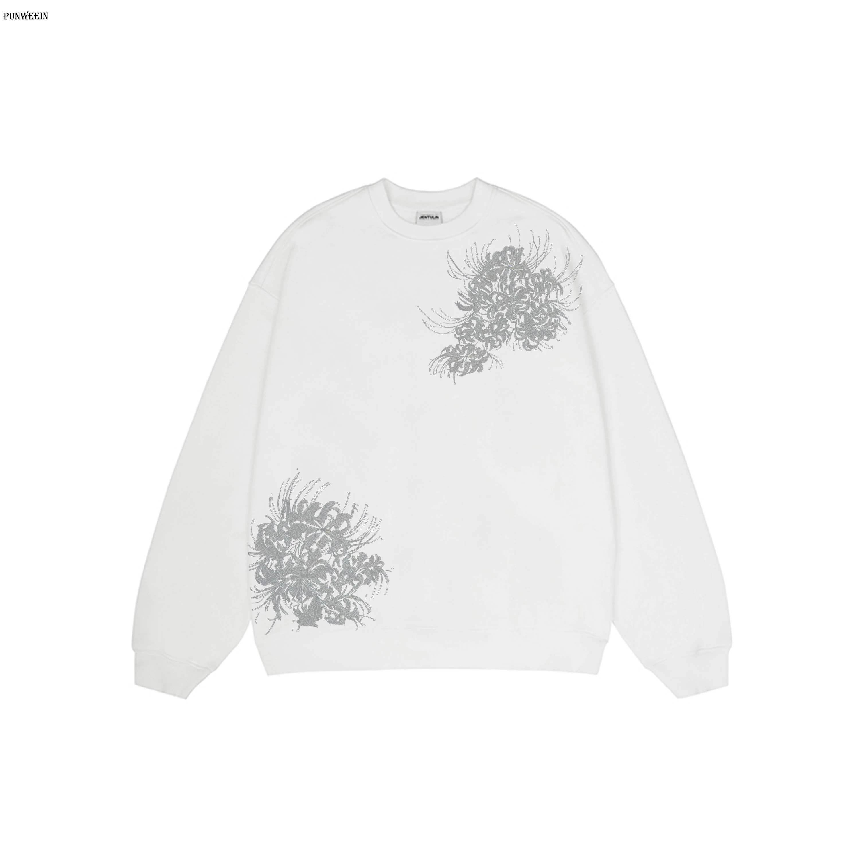 American Dark Style 2000s Gothic Abstract Flower Print Crewneck Long SleeveSweatshirt White Street Fashion Casual Pullover Tops