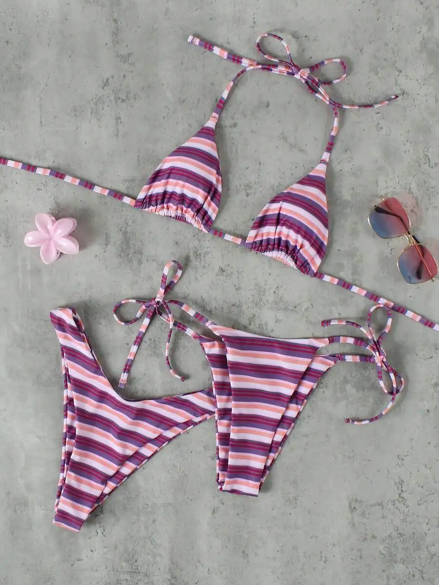 

Women Pink Purple Striped Bikini Set 3 Pieces Beach Swimwear Summer Vacation Travel
