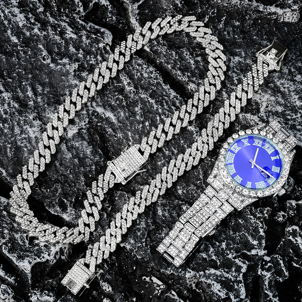 Silver Color Cuban Chain Watch Suit for Men Hip Hop Miami Curb Iced Out Paved Rhinestones Bling Rapper Necklace Watch+Bracelet