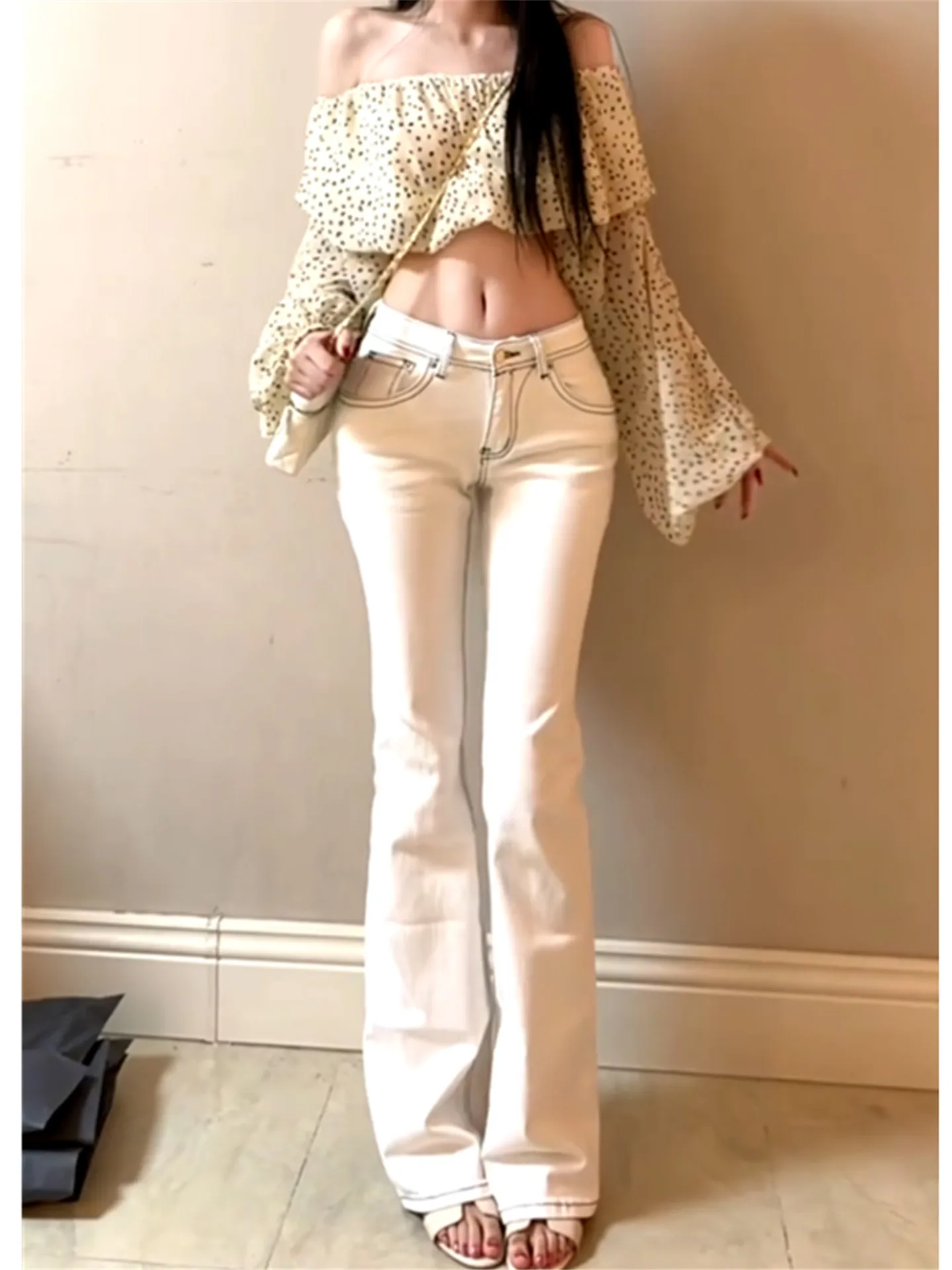 

Extended Length Low Waist Skinny Jeans Women's Summer Slim Fit Elastic White Denim Pants High Rise Bootcut Casual Cotton