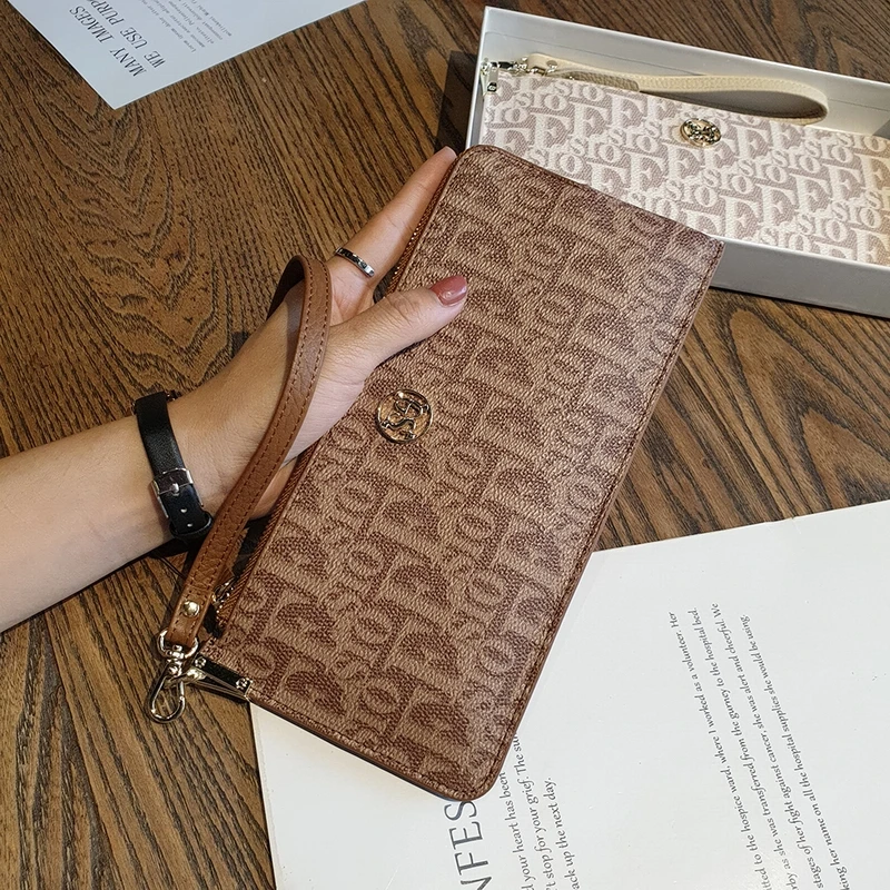 

2024 New Thin Women Wallets Genuine Leather Clutch Bag Original Brand Long Cowhide Purse With Logo Letter Print Grained Clutches