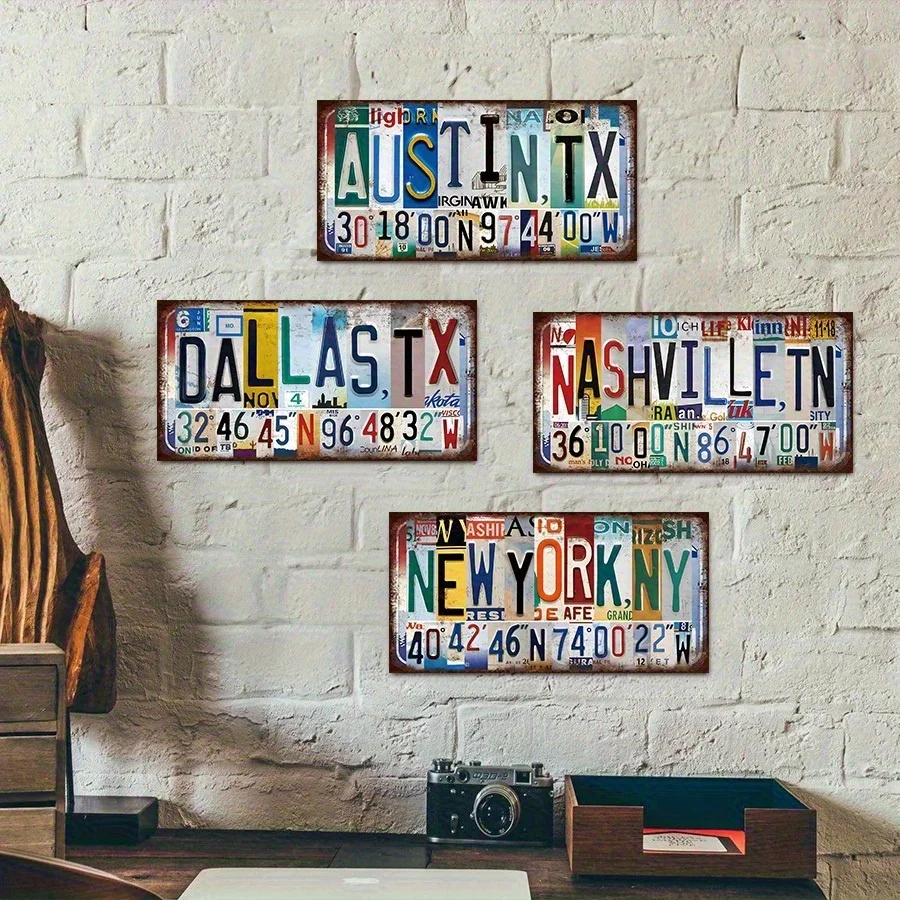 2D Flat, Vintage & Southern Cities Metal Wall Plaque - Austin, Dallas, Nashville, New York Suitable for Home, Bar, Office Decor