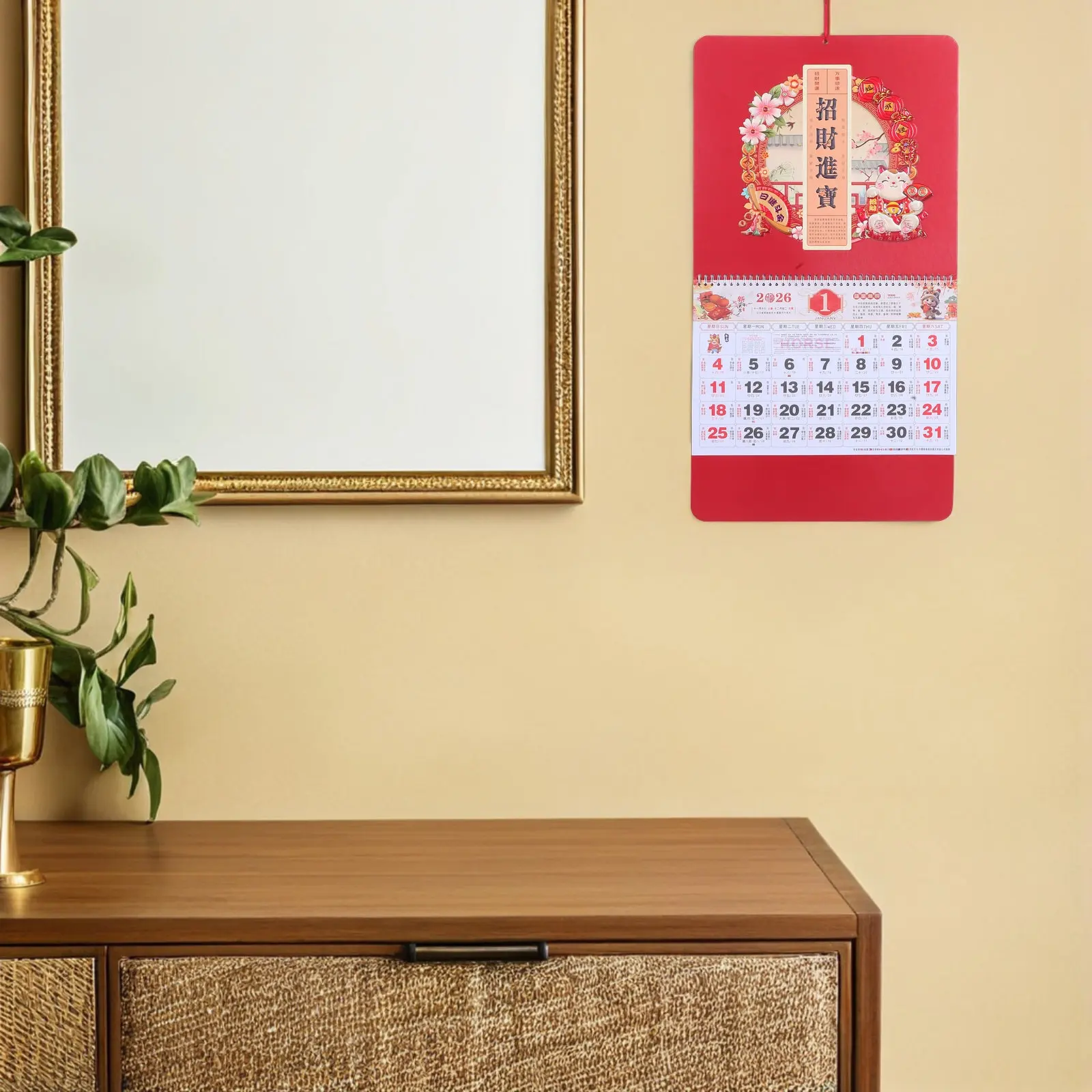 

2026 Year of Horse Chinese Hanging Calendar Red Wall Scroll Monthly Planner Home Office Lunar New Year Decoration