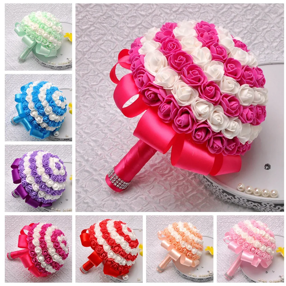 باقة العروس المربوطة يدويًا لون الحلوى المقلد الوردي الرائع من البولي ايثيلين زهرة الزفاف النابضة بالحياة لتزيين مكتب المنزل والعروس
