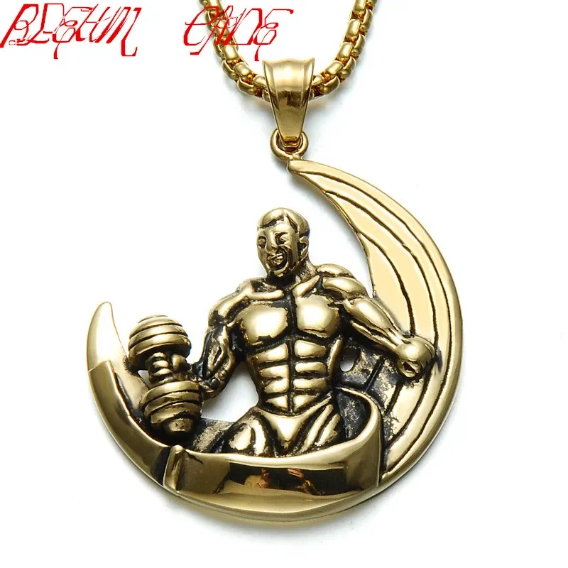 BLEUM CADE Stainless Steel Moon Muscle Male Necklace Titanium Steel Fitness Dumbbell Jewelry