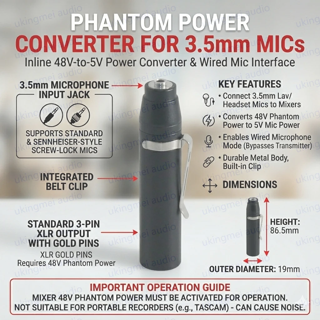 

48V to 5V Power Converter Wired Microphone Interface for 3.5mm Lavalier Headset Mics Supports Screw-Lock Integrated Belt Clip
