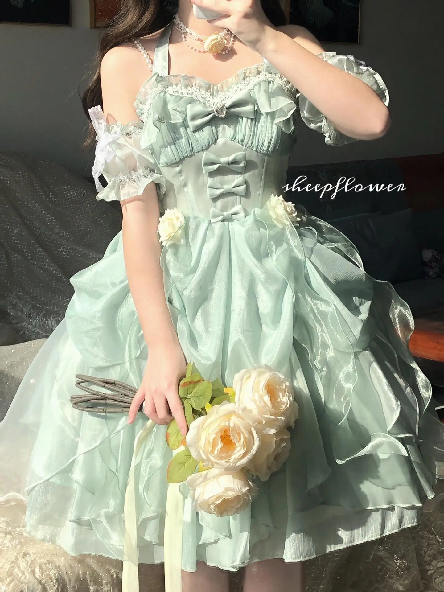 ชุดแต่งงานดอกไม้สีเขียวฤดูร้อนใหม่หญิง Slim Skinny Elegant Sweet Bow ผลกําไรในรอบ Suspender ชุด Jsk Lolita Fairy ชุด