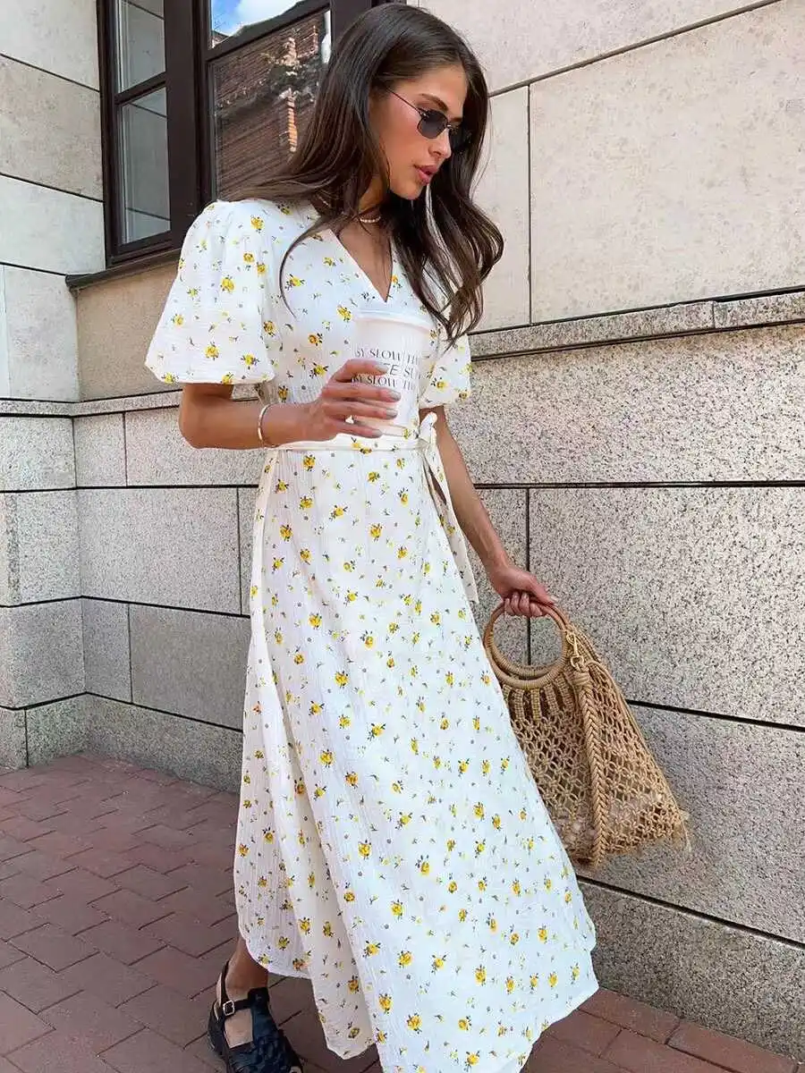 Stampato V-ne Bubble Sve ort-sved Dr Vita alta A-line Cotton Summer Dr per le donne Abbigliamento quotidiano Casual Dr